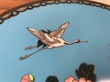 ? Meiji Japanese Cloisonné Enamel Metal ? Plate 12" Crane Blue Flowers Floral
