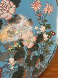? Meiji Japanese Cloisonné Enamel Metal ? Plate 12" Crane Blue Flowers Floral