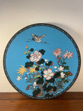 ? Meiji Japanese Cloisonné Enamel Metal ? Plate 12" Crane Blue Flowers Floral